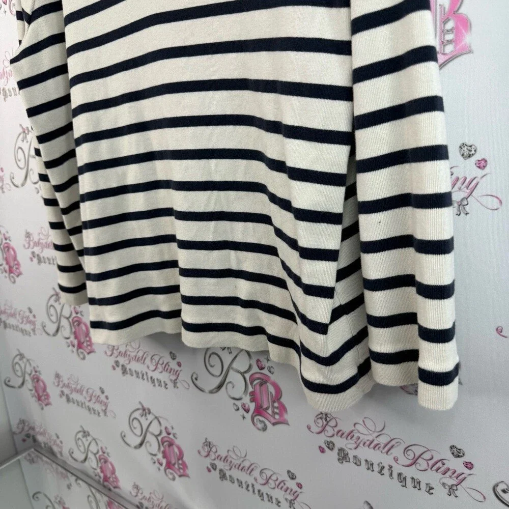 Chico's pull over shirt buttons, navy Black and White Striped Long Sleeve Top